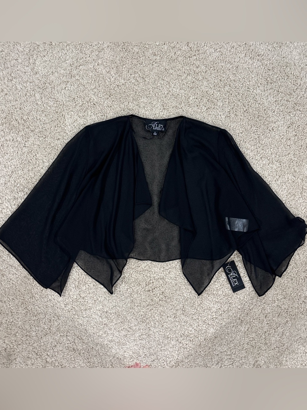 NWT Alex Evenings Black Sheer Formal Open Front Kimono Cardigan Shrug Size Small